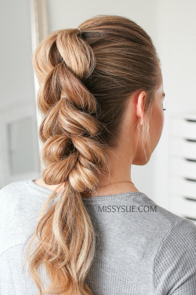 Image of Fishtail braid hairstyle with rubber bands